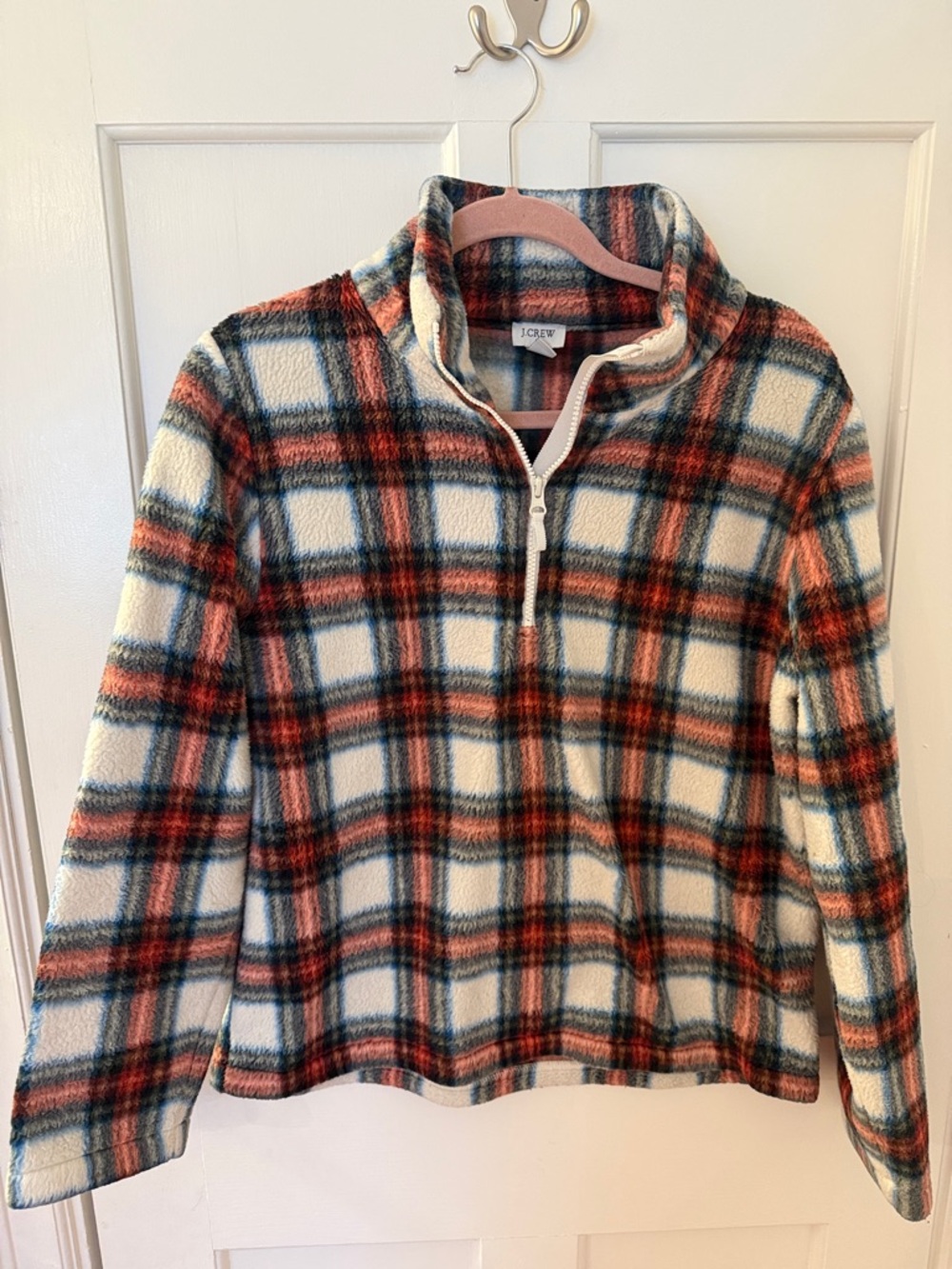 J. Crew Cream, Rust and Navy Plaid Half-Zip Fleece Pullover